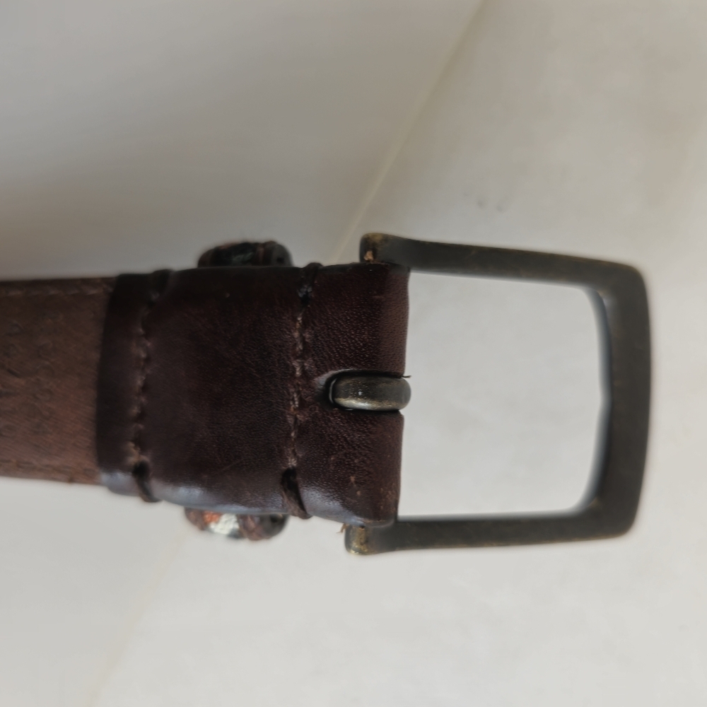 Columbia Men's Brown Leather Belt Multi Color Cotton Woven  Fabric Size 44 - Picture 8 of 17